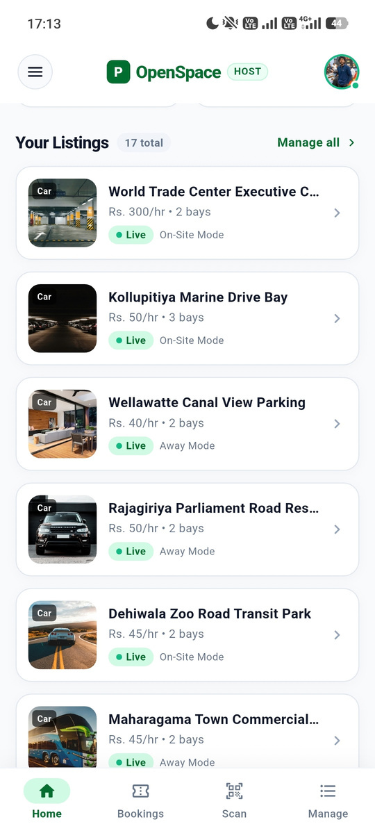 OpenSpace host app showing parking listings in Colombo