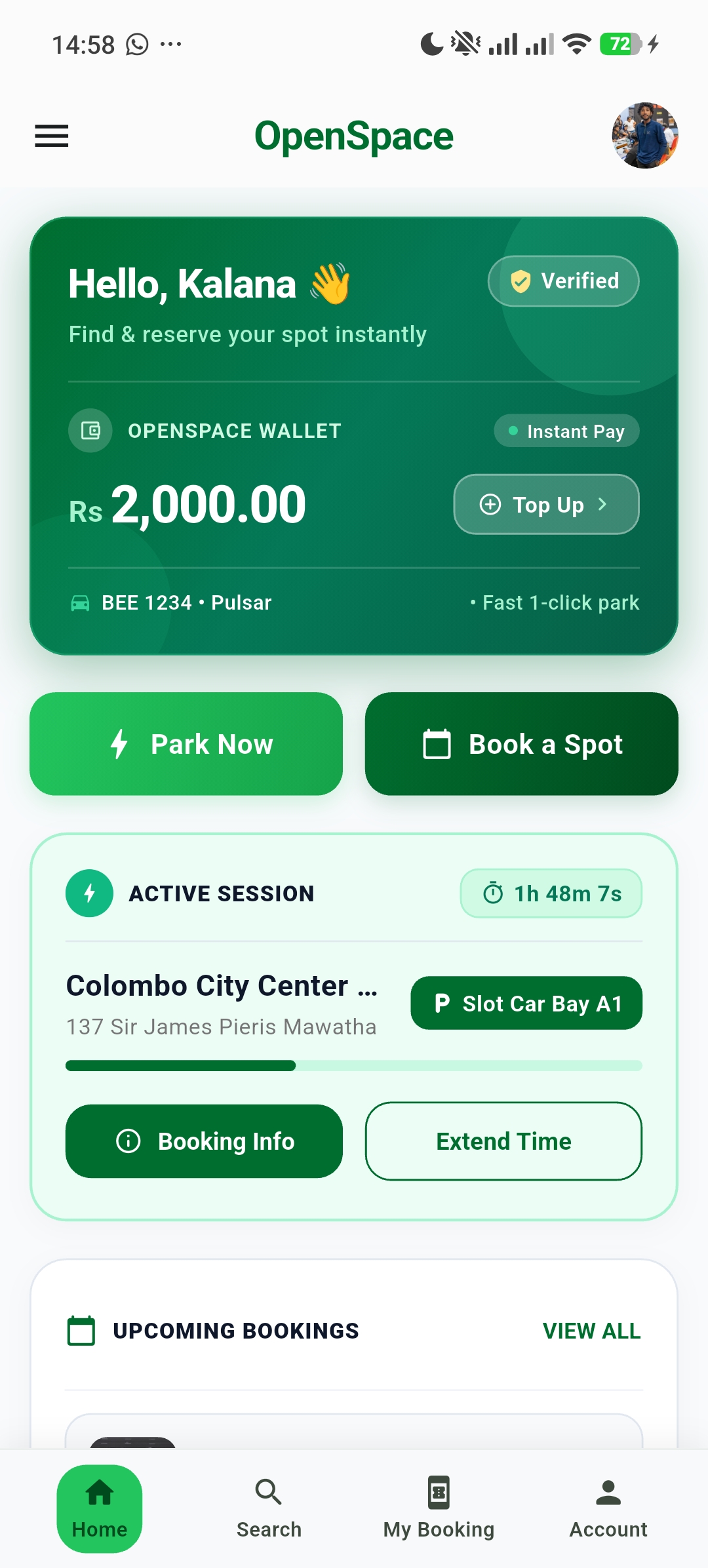 OpenSpace app home screen showing instant parking booking