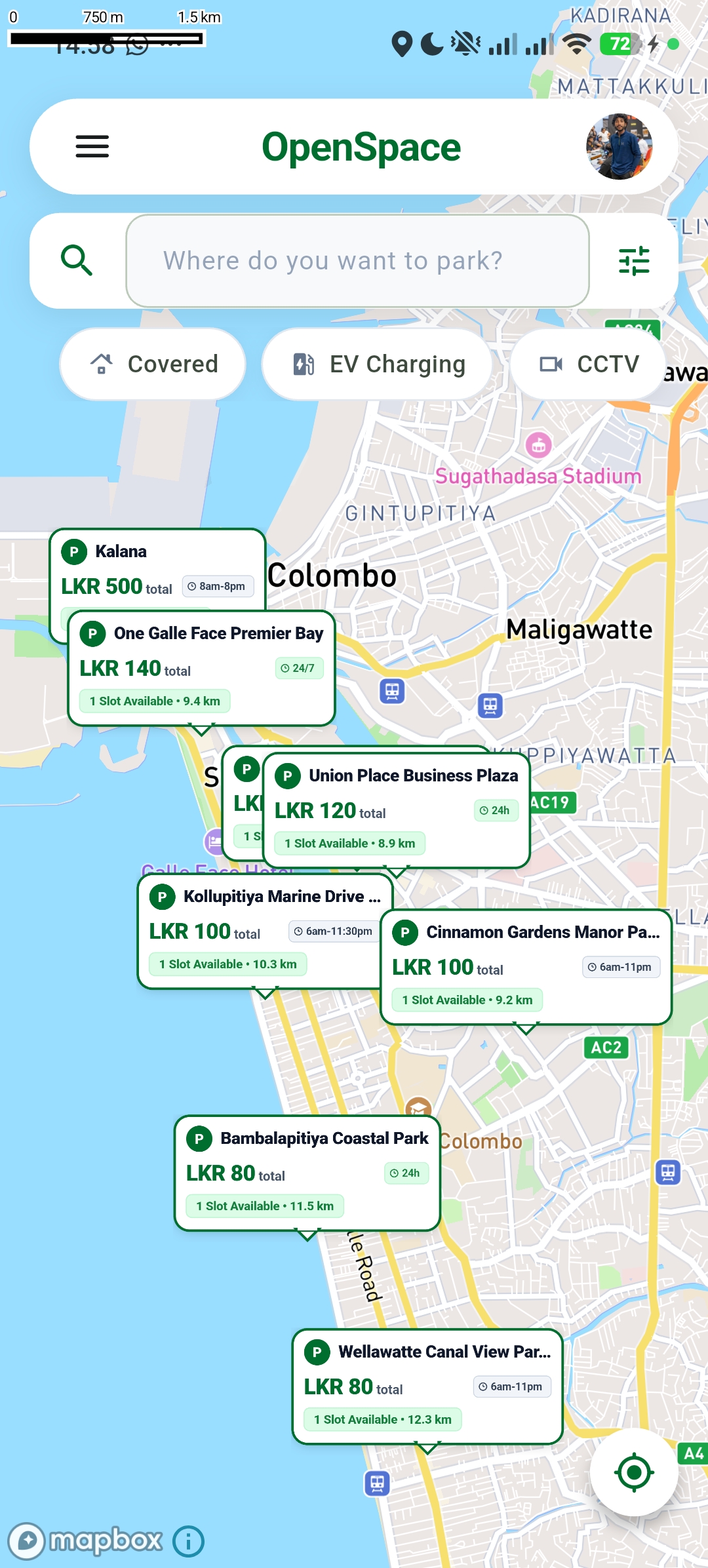 OpenSpace map screen displaying parking locations around Colombo